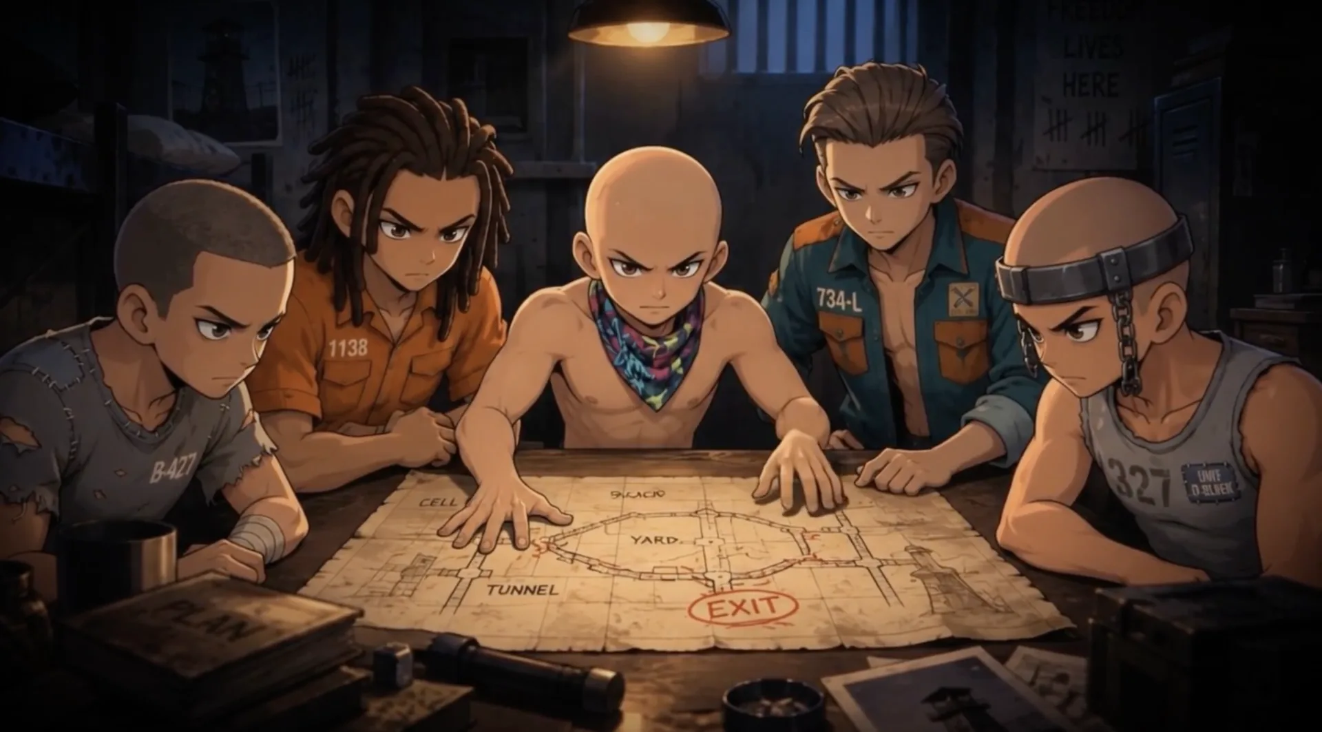 Five GREAT ESCAPE prisoners gathered around an escape plan in a dark cell